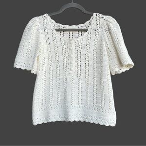 Ecru Cream White Crochet Open Knit Scalloped Trim Short Sleeve Sweater Top XS/S